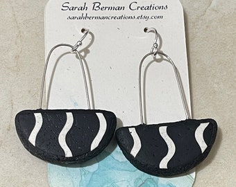 Handmade Black and White Drop Polymer Clay Earrings