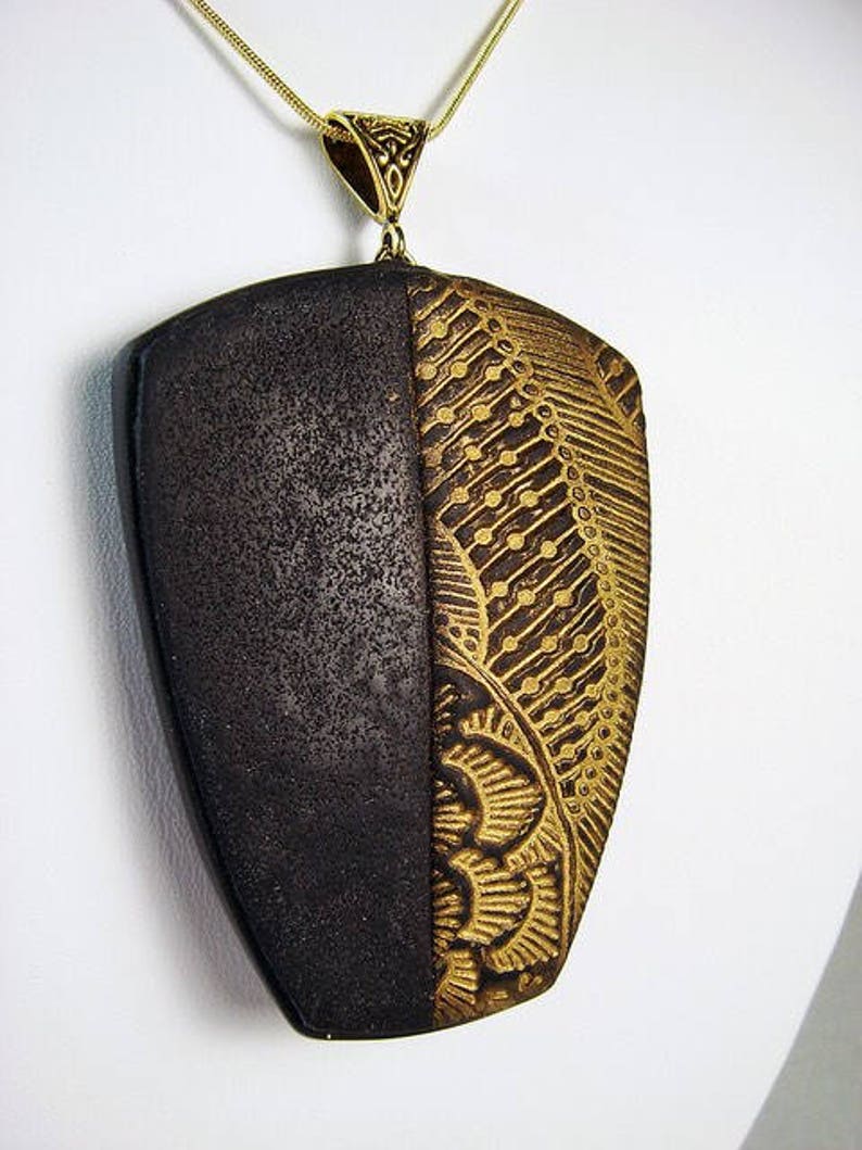 Handmade Textured Black and Gold Polymer Clay Necklace Etsy