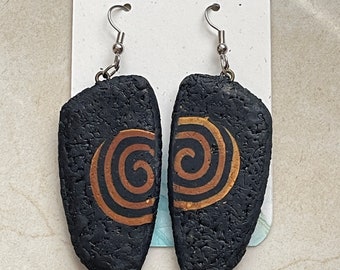 Large Handmade Black and Swirl Gold Polymer Clay Earrings