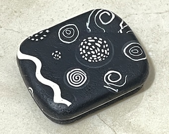 Covered Metal Tin - Black and White Pill Box - Polymer Clay Circles and Swirls