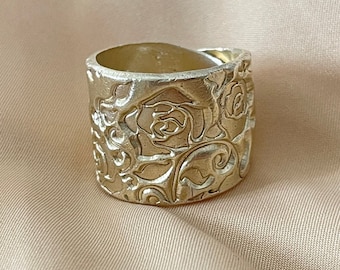 Solid Fine Silver Roses Ring, 999 Pure Silver - Size 11