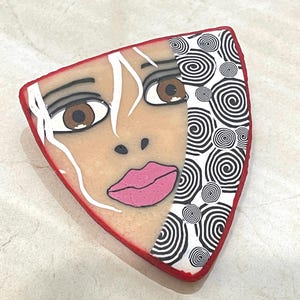 Handmade Polymer Clay Girl Face Brooch - Signed Art Pin