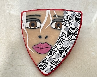 Beautiful Girl Face Polymer Clay Brooch/Pin Red Backside and Frame