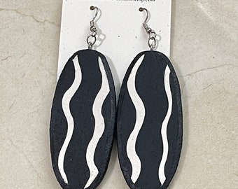 Handmade White Waves Oval Polymer Clay Earrings
