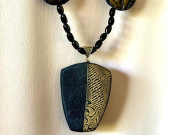 Textured Black and Gold Polymer Clay Necklace Handmade Pendant with Beaded Chain Jewelry
