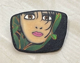 Gorgeous Girl Face Leaves Polymer Clay Brooch/Pin