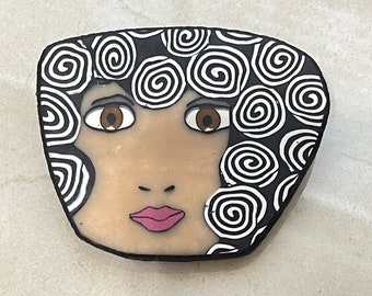 Beautiful Curly Hair Girl Face Polymer Clay Brooch/Pin