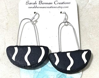 Black and White Drop Earrings Handmade Polymer Clay Statement Jewelry