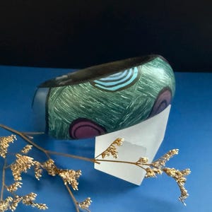 Green Starry Night & Millefiori Bangle Bracelet Handmade Polymer Clay over Wood Shiny Polished Finish Jewelry