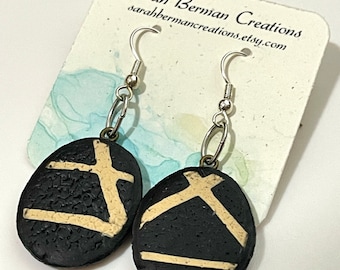 Handmade Black and Beige Polymer Clay Hook Earrings