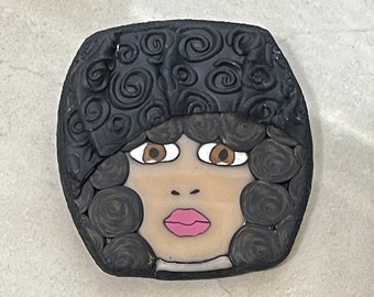 Pretty Curly Hair Brunette Girl Face Polymer Clay Brooch/Pin