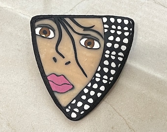 Brunette Girl Face Polymer Clay Brooch/Pin