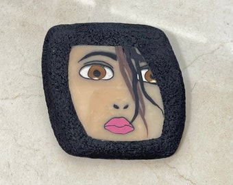 BiColor Hair Girl Face Polymer Clay Brooch/Pin