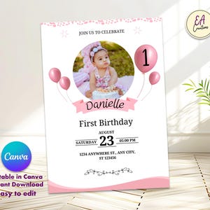 Convite de 1º aniversário para menina, download instantâneo, editável em qualquer idioma, cartão de primeiro aniversário para impressão