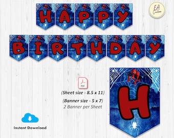 Spiderman Happy Birthday Banner Printable | Kids Birthday Party Decoration | Spiderman Theme Bunting | Instant Download PDF 5x7