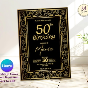 Cartão de aniversário, 50º, 60º, 70º e mais, Canva em editável, download instantâneo, editável em qualquer idioma, cartão para adulto