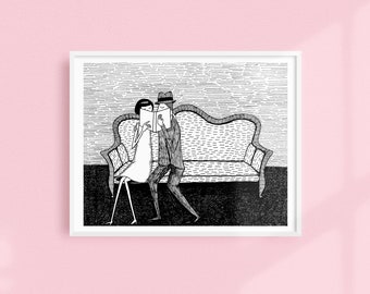 The reading lovers // Couple who love books // Art Deco Printable wall art // Black and white illustration poster digital download