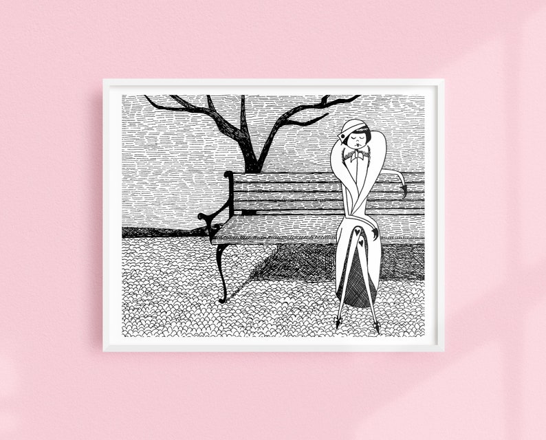 Waiting patiently for spring // Art Deco fall winter Printable wall art // Black and white illustration poster digital download image 1