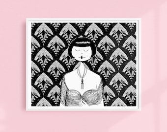 Ask him if the new kisses are divine // Art Deco Printable wall art // Black and white illustration poster digital download