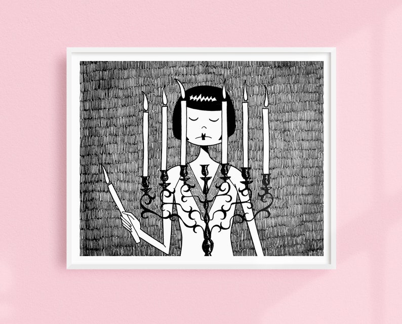 Eloise sets the mood // Spooky candleabra // Art Deco Printable wall art // Black and white illustration poster digital download image 1