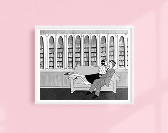 Love in the library // Black and white couple who love books // Printable wall art // Black and white illustration poster digital download