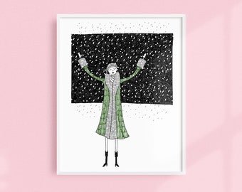 Eloise loves winter // Snowing, Christmas // Art Deco Printable wall art // Black and white illustration poster digital download