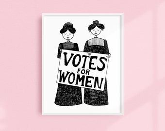 Votes for women // suffragette feminist // Art Deco Printable wall art // Black and white illustration poster digital download