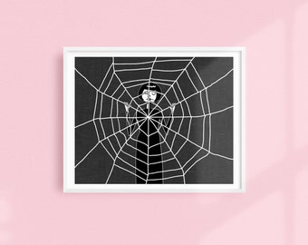 Caught in a web of lies // Art Deco spooky Halloween Printable wall art // Black and white illustration poster digital download