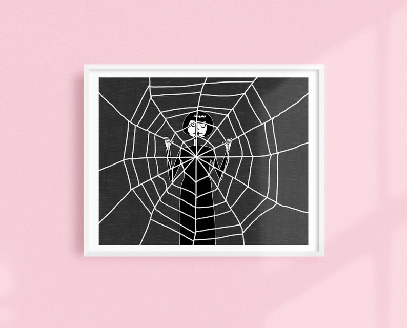 Caught in a web of lies // Art Deco spooky Halloween Printable wall art // Black and white illustration poster digital download image 1