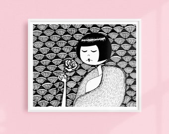 No petal falls // Art Deco Printable wall art // Black and white illustration poster digital download