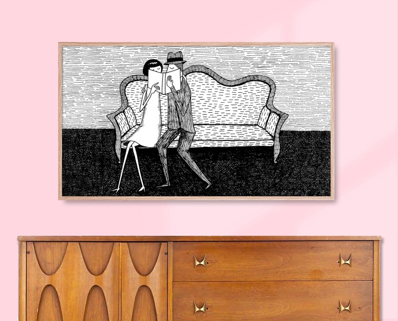 The reading lovers // Couple who love books // Frame TV Art, Samsung Frame TV Art, Digital Download image 1