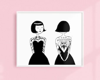 Ramona the tattooed lady // Art Deco Printable wall art // Black and white illustration poster digital download