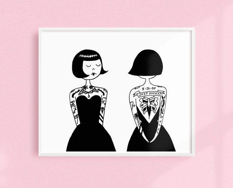 Ramona the tattooed lady // Art Deco Printable wall art // Black and white illustration poster digital download image 1