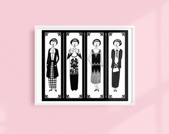 Fashion plates // Art deco black and white flapper 1920s // Printable wall art // Black and white illustration poster digital download