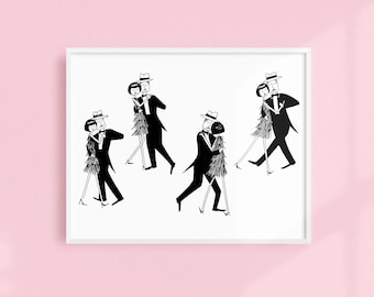 Eloise swept him off his feet // Romantic dancing couple // Printable wall art // Black and white illustration poster digital download
