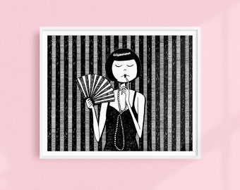 Black and white flapper dancer // Art Deco Printable wall art // Black and white illustration poster digital download