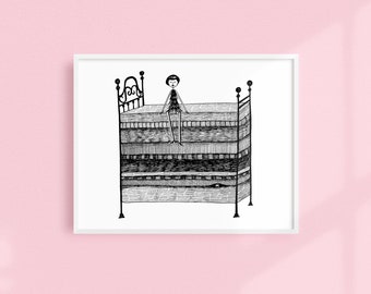 The Princess and the Pea fairy tale illustration // Art Deco Printable wall art // Black and white illustration poster digital download