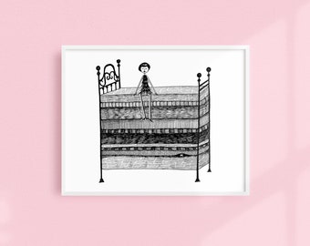 Illustration de conte de fées La Princesse et le pois // Art déco imprimable art mural // Affiche d’illustration en noir et blanc téléchargement numérique