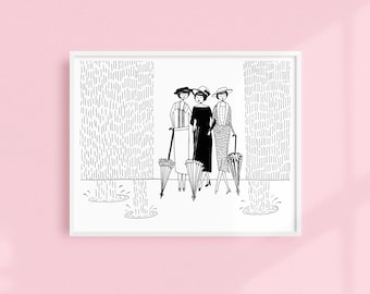 When it rains it pours // rainy day // Art Deco Printable wall art // Black and white illustration poster digital download