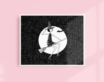 Happy Halloween // Art Deco Witch Printable wall art // Black and white illustration poster digital download