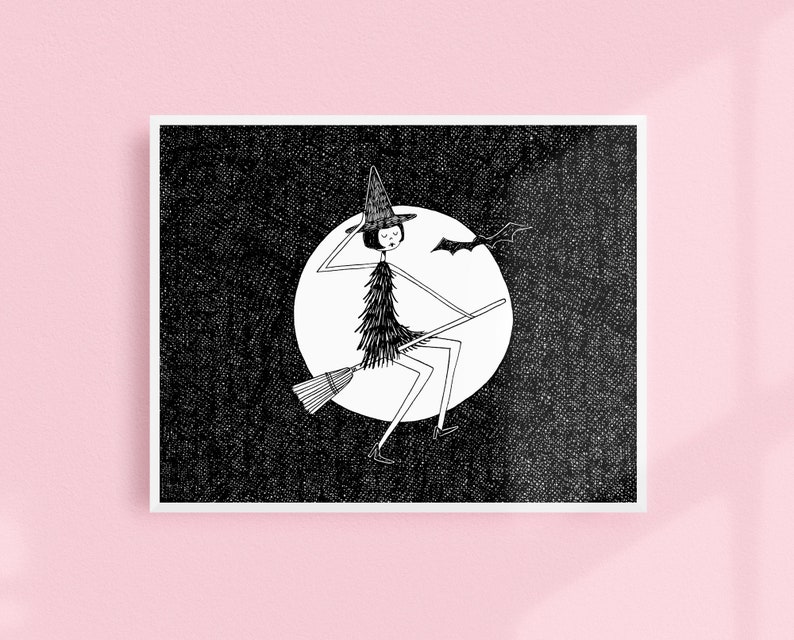 Happy Halloween // Art Deco Witch Printable wall art // Black and white illustration poster digital download image 1