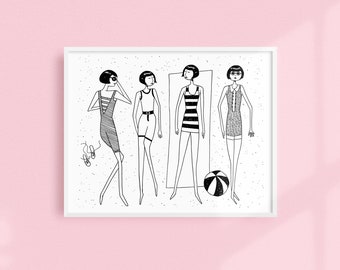 The beach-goers  // Seashore summertime fun // Art Deco Printable wall art // Black and white illustration poster digital download