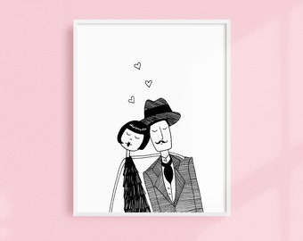Head over heels // Couple in love anniversary // Art Deco Printable wall art // Black and white illustration poster digital download