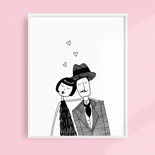 Locamente enamorados // Aniversario de pareja enamorada // Arte de pared imprimible Art Déco // Cartel de ilustración en blanco y negro descarga digital