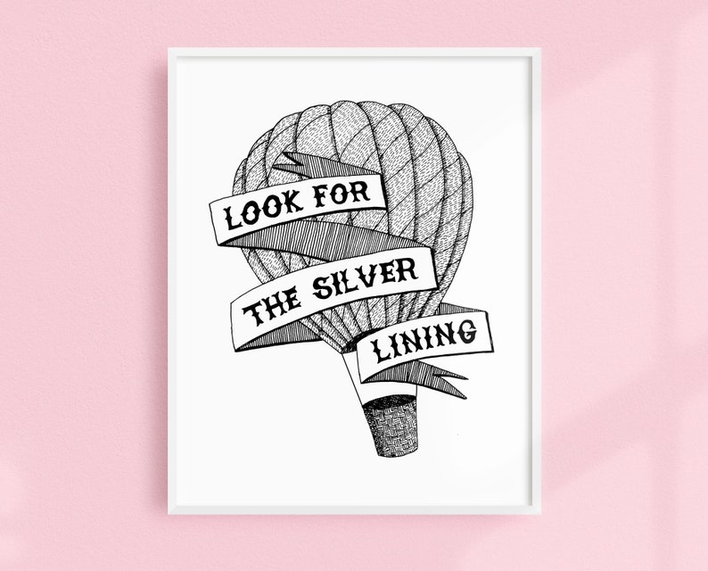 Look for the silver lining // Hot air balloon Printable wall art // Black and white illustration poster digital download image 1