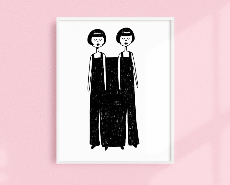 a jumpsuit built for two // Silly Printable wall art // Black and white illustration poster digital download image 1