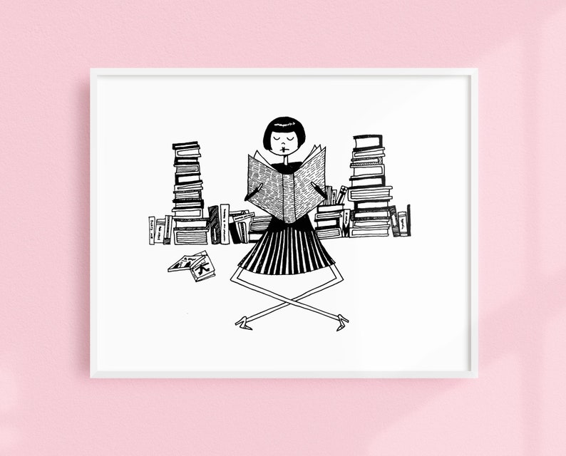 Book lover librarian // Art Deco Printable wall art // Black and white illustration poster digital download image 1