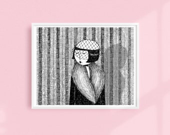 She thought of her cats and wished she was home // Art Deco Printable wall art // Black and white illustration poster digital download