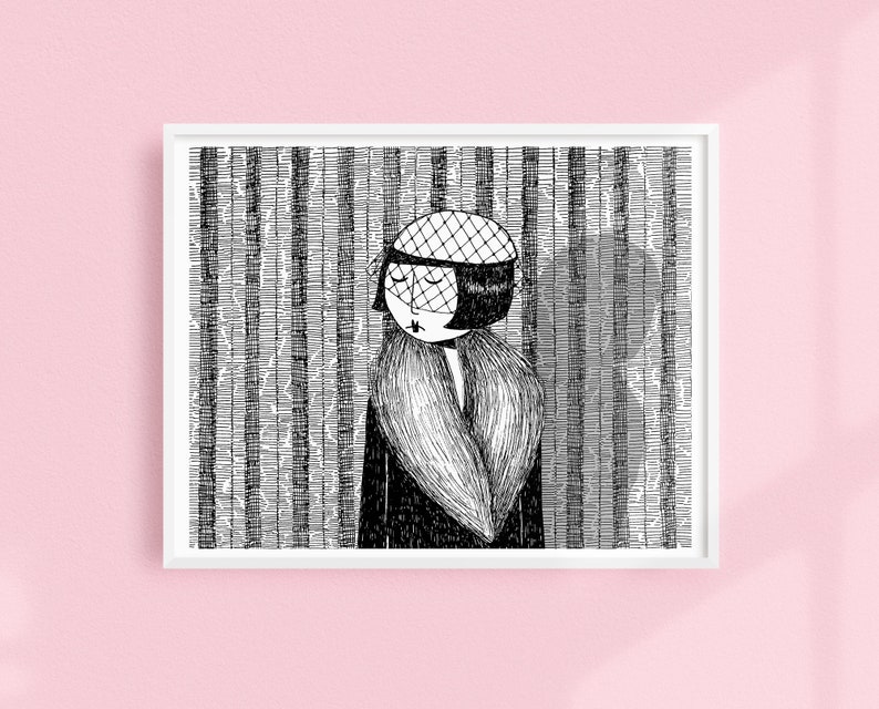 She thought of her cats and wished she was home // Art Deco Printable wall art // Black and white illustration poster digital download image 1