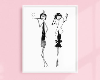 Eloise & Ramona prepare for a night on the town // Art Deco jazz age flappers Printable wall art // Black and white poster digital download